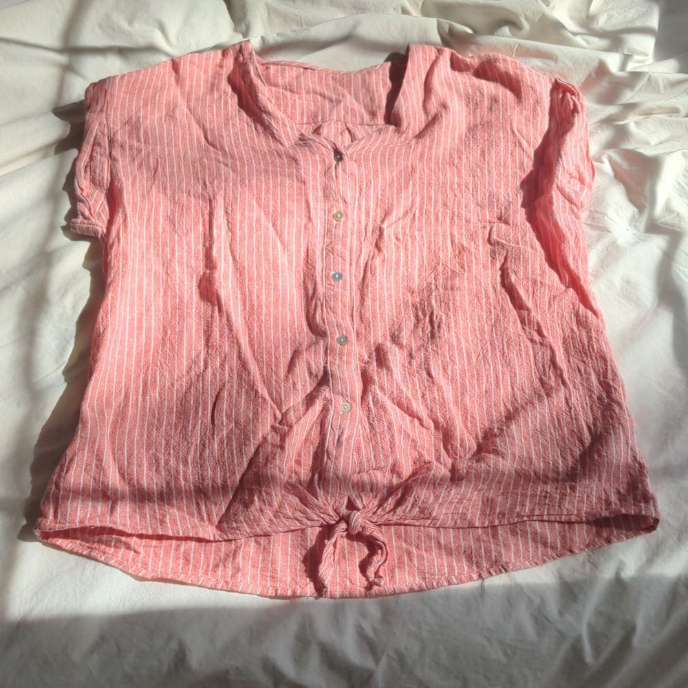 Loose peach striped linen tie front top
